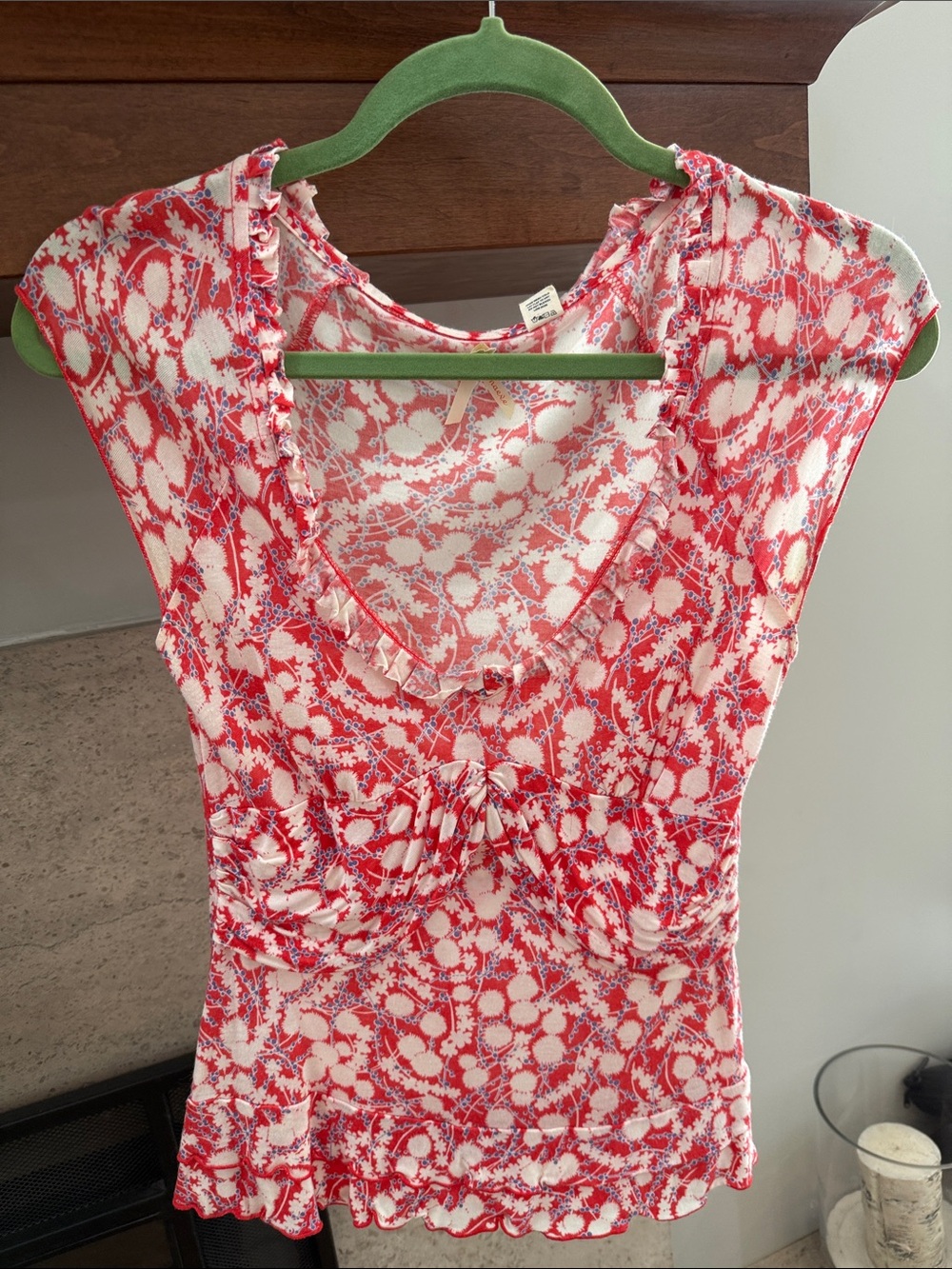 Maeve Red and White Floral-Print Cap-Sleeve Top